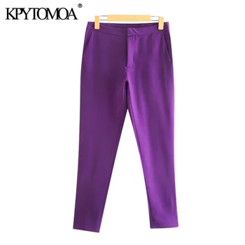 KPYTOMOA Kvinder 2020 Chic Mode Kontor Slid Lommer Grundlæggende Bukser Vintage Midten af Taljen Side Vents Kvindelige Ankel Bukser Mujer
