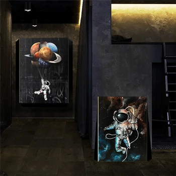 Astronaut det Ydre Rum Olie på Lærred Maleri på Kids Room Decor Drømmer Stjerner Plakat og Print Væg Kunst, Billeder, boligindretning
