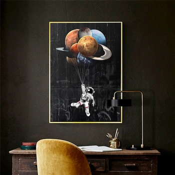 Astronaut det Ydre Rum Olie på Lærred Maleri på Kids Room Decor Drømmer Stjerner Plakat og Print Væg Kunst, Billeder, boligindretning