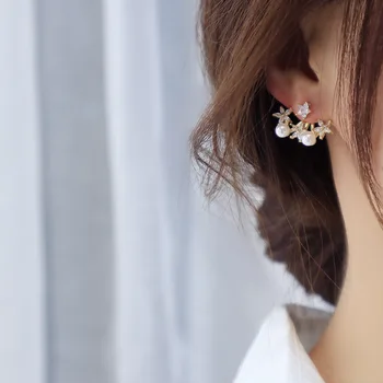 Koreanere nyt design, mode smykker AAA zircon stjernede krog blomst 14K guld øreringe elegant kvinders daglige femtakket stjerne øreringe