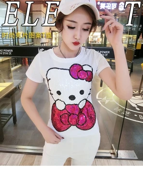 2019 foråret og sommeren koreanske version af den nye T-shirt kvindelige tegnefilm kt kat Slank, kort-langærmet sequined shirt kvinder