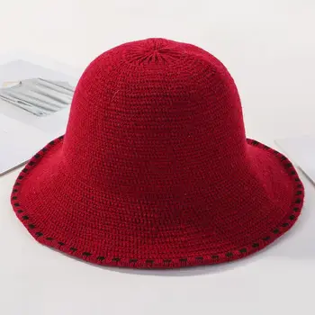 Efterår og Vinter Bucket Hat til Kvinder Strikkede Hat Solid Varm Kvinder Bucket Hat Wide Brim Panama Fisker Cap Cap Bassin