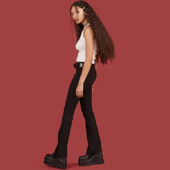ALLNeon Sorte Bukser Kvinder Solid Tynde Slids Forneden Flare Pants Fashion Forår 2020 Lange Bukser til Kvinder Streetwear Pantalones