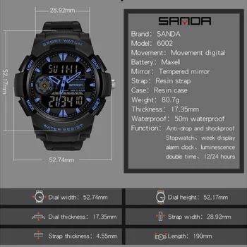 SANDA Mænd Sports Top Mærke Ure Luksus Analog Digital LED Quartz Armbåndsur Herre Vandtæt Militære Se reloj hombre