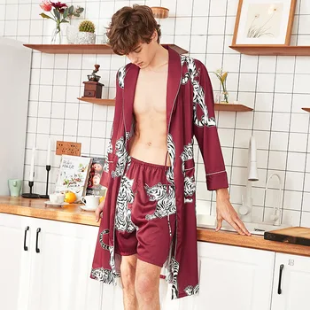 2020 Mænds Morgenkåbe Silke Kimono Lange Ærmer Kjole Print Pyjamas Mænd Kjole Badeværelse med shorts Mænd Homewear Stilfulde