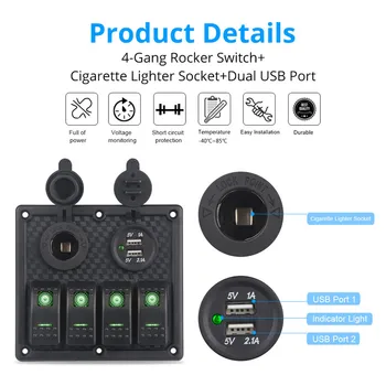 4 Bande 12V Båd Switch Panel Med cigartænder-Stikket-Ud-Skifte Rocker Switch Panel Båd Marine Bil Dual USB Oplader