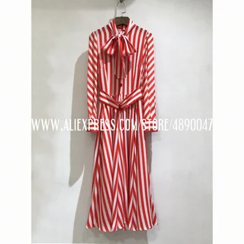 Rød hvid stribet silke kjole 2021 høj kvalitet kvinders shirtdress Langt Ærme Krave, Tørklæde Kjole Foråret Efteråret Lang Kjole