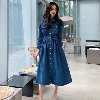 Mode til kvinder kjole 2020 efteråret ny koreansk stil, temperament talje slankende elastisk talje big swing nederdel lang denim kjole