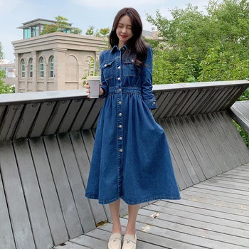 Mode til kvinder kjole 2020 efteråret ny koreansk stil, temperament talje slankende elastisk talje big swing nederdel lang denim kjole