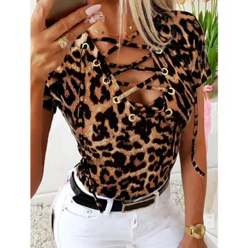 Mode Leopard Bluse Kvinder Sexet Hule Korte Ærmer V-hals Skjorte Sexede Bluse Toppe Tunique Блузка Женская @35
