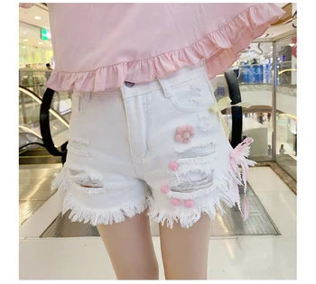 Sommeren Kawaii Junior ' s Denim Shorts Kvinder Korea Hule Korte Shorts ins Pink Hvid Sløjfe Jeans Feminino Casual Hul Bunde