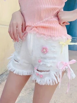 Sommeren Kawaii Junior ' s Denim Shorts Kvinder Korea Hule Korte Shorts ins Pink Hvid Sløjfe Jeans Feminino Casual Hul Bunde