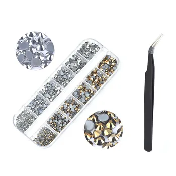 1728Pcs Crystal AB Diamanter 3D Nail Art Dekorationer Perle Sten Med Tweezer For Rhinestone Dekoration Søm