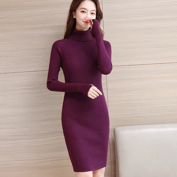 Koreanere Sweater Kjole Fashion Kvinder Strikkede Kjoler Elegant Turtleneck Sweater Kjole Strikke Plus size Vinter Kvinder Kjoler