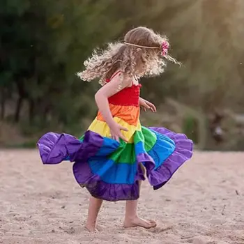 Sommeren Nyfødte Børn Piger Rainbow Festspil Party Prinsesse Lang Ærmeløs Maxi Kjole Sundress Tøj