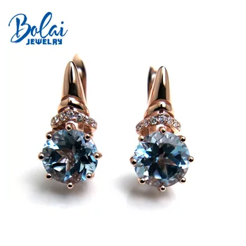 Bolaijewelry,naturlig himlen blå topas round8.0mm gemstone fashion hægte øreringe 925 sterling sølv fine smykker kvinder gaveæske
