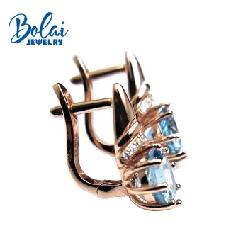 Bolaijewelry,naturlig himlen blå topas round8.0mm gemstone fashion hægte øreringe 925 sterling sølv fine smykker kvinder gaveæske