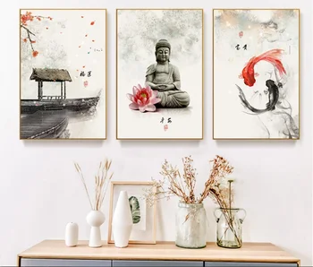 Ny Kinesisk Blæk Blomster Buddha Væg Kunst Udskriv Billede Lærred Maleri Plakat Til Stuen Ikke Indrammet