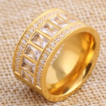12mm Bred Nye Guld Farve Ring i Rustfrit Stål Bagues Femme Smukke Rhinestone Billige Part Engagement Ring Tilbehør Gave