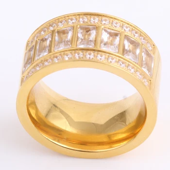 12mm Bred Nye Guld Farve Ring i Rustfrit Stål Bagues Femme Smukke Rhinestone Billige Part Engagement Ring Tilbehør Gave