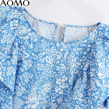 AOMO 2020 sommer mode kvinder blå blomster print flæser mini kjole kortærmet dame vintage kort kjole vestidos 3H257A