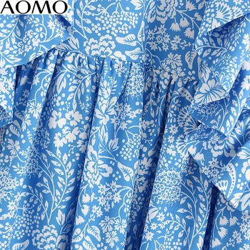 AOMO 2020 sommer mode kvinder blå blomster print flæser mini kjole kortærmet dame vintage kort kjole vestidos 3H257A