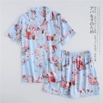 Sommer Viscose shorts pyjamas sæt kvinder nattøj Japansk Friske Blomster Korte ærmer pyjamas sæt kvinder