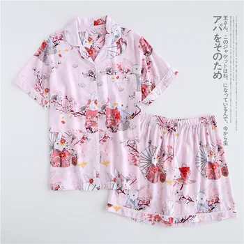 Sommer Viscose shorts pyjamas sæt kvinder nattøj Japansk Friske Blomster Korte ærmer pyjamas sæt kvinder