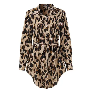 Hirigin Kvinder Leopard Print Vintage Kjole Foran Knap Lange Ærmer Chiffon Skjorte Kjole Løs Afslappet Mini Kort Vestidos Kvindelige