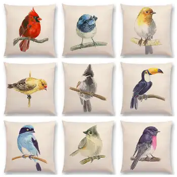 Hot Salg Fugle Akvarel Maleri Robin Musvit Toucan Fe Sparrow Firecrest Kardinal Bullfinch Pude Sofa Smide Pude