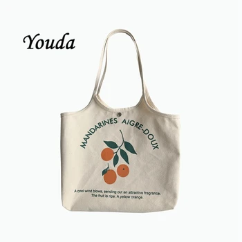 Youda Stor Kapacitet Lærred Tote Shoulder Bag Klud Genanvendelige Shopping Taske til Kvinder 2020 Håndtasker Frugt Mønster Bog Pack