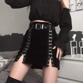 SUCHCUTE Gothic Black Split Modis Mini Nederdel For Kvinder Mørke den Akademiske verden Æstetiske Kort Nederdel Kvindelige Party Outfits Velvet Saia
