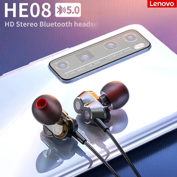 Bluetooth-Hovedtelefoner, TWS Lenovo HE08 Dobbelt Dynamisk Neckband 5.0 Nye Opgradering 4 Højttalere i HIFI-Stereo Hovedtelefon Sport hovedtelefoner