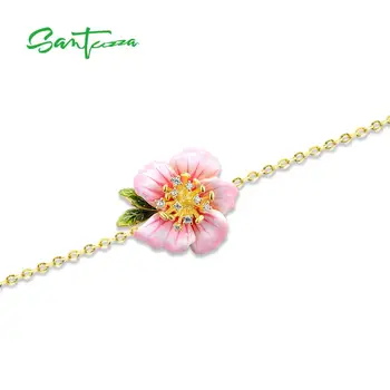 SANTUZZA Sølv Armbånd Til Kvinder Ren 925 Sterling Sølv, Guld Farve, Elegant Pink Blomstrende Blomst Fine Smykker Håndlavet Emalje