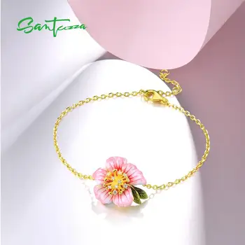 SANTUZZA Sølv Armbånd Til Kvinder Ren 925 Sterling Sølv, Guld Farve, Elegant Pink Blomstrende Blomst Fine Smykker Håndlavet Emalje