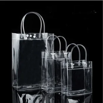 100pcs/masse Transparant PVC Gave Tote Emballage Poser Med Håndtag Klar Plast Håndtaske Mode PVC Tasker Med Knap