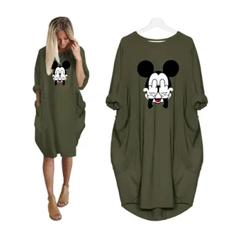 Disney Mickey, Minnie Mouse Dress Kvinder uregelmæssige Tegnefilm Mønster Afslappet O-Hals Kjoler Kvinder Sommer Plus Size Vestido 2020 S-5XL
