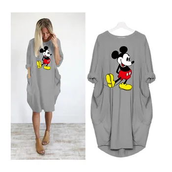 Disney Mickey, Minnie Mouse Dress Kvinder uregelmæssige Tegnefilm Mønster Afslappet O-Hals Kjoler Kvinder Sommer Plus Size Vestido 2020 S-5XL