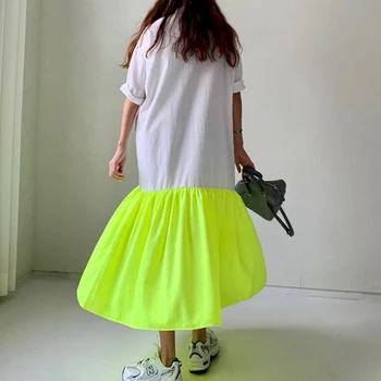 GALCAUR koreanske Patchwork Hit Farve Kjole Kvinder O Hals Halvt Ærme Oversize Casual Midi Kjoler Kvindelige 2020 Sommer Nyt Tøj