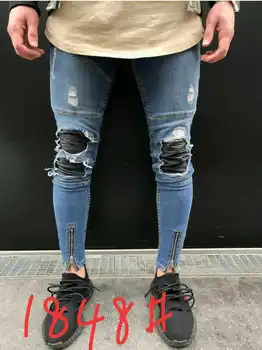 Høj Kvalitet Mænd Elastisk Skinny Jeans Rynke på Knæ Hip Hop Biker Bukser Låret Anklen Lynlås Mandlige Rippet Bukser Dropshipping