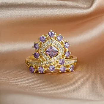Elegant Tæve Lilla Krystal Sten Ring Vintage Guld Farve Vielsesringe For Kvinder, Luksus Big Crown Zircon Engagement Ring