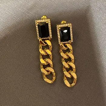 HUANZHI 2020 Vintage Black Stone Geometri Metal Kæde Stud Øreringe Guld Farve for Kvinder, Piger Part Rejse Smykker