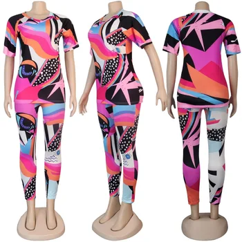 Nye Kvinder Geometriske Print Casual Træningsdragter T-Shirt og Blyant Jogger Sweatpants Passer To Stykker Sæt Slanke Sportstøj Udstyr