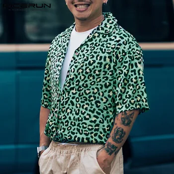 Leopard Print Mænd Hawaii-Skjorte Stranden 2021 Korte Ærmer Casual Bluse Revers Camisa Streetwear Sommer Chic Mænd Tøj INCERUN