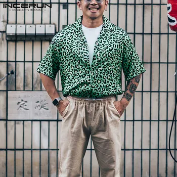 Leopard Print Mænd Hawaii-Skjorte Stranden 2021 Korte Ærmer Casual Bluse Revers Camisa Streetwear Sommer Chic Mænd Tøj INCERUN