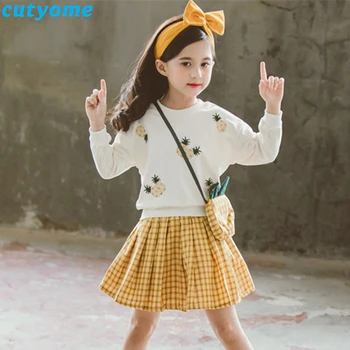 2 stk/sæt Baby Barn Tøj med Lange Ærmer Ananas Hættetrøjer+Plaid Nederdel koreanske Børns Pige Børn Tilbage Til Skolen Tøj, der Passer 9
