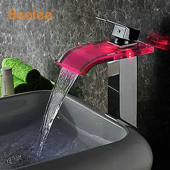Beelee Power LED Grifo Robinet Torneira Messing Enkelt Håndtag Udbredt Vandfald Badeværelse Vask LED Vandhaner Krom Vandhaner