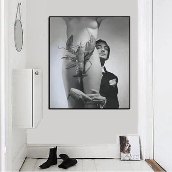 Salvador Dali Protrait Nøgen Pige og Rejer Pop Art Maleri Ansigt Portræt Lærred Print Væg Billeder til stuen