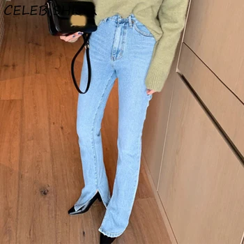 SHIJIA Nye Høj talje split jeans Kvinde mon lys blå vintage denim lige bukser kvindelige mop fashion streetwear bukser 2020