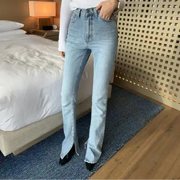 SHIJIA Nye Høj talje split jeans Kvinde mon lys blå vintage denim lige bukser kvindelige mop fashion streetwear bukser 2020